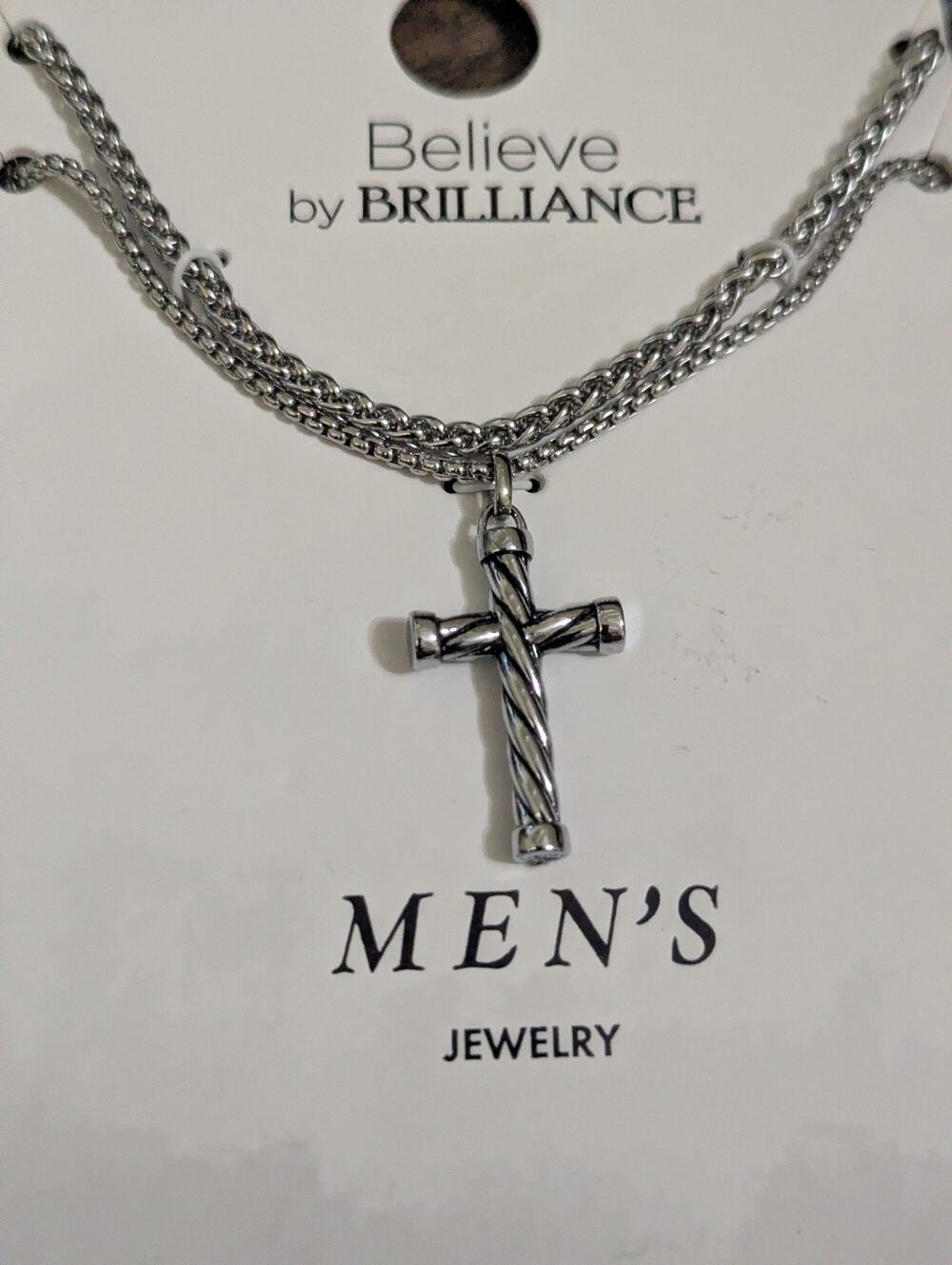Believe by Brilliance Men's 2 Stainless Steel Dog Necklaces Cross Silver Plated